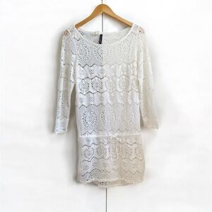 Polo by Ralph Lauren Off White Open Knit Crochet Lace Swim Coverup Mini Dress, M